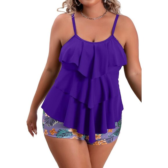 B2prity Womens Plus Size Ruffled Tankini Set Swimwear Floral Shorts Size 18W - Picture 4 of 10